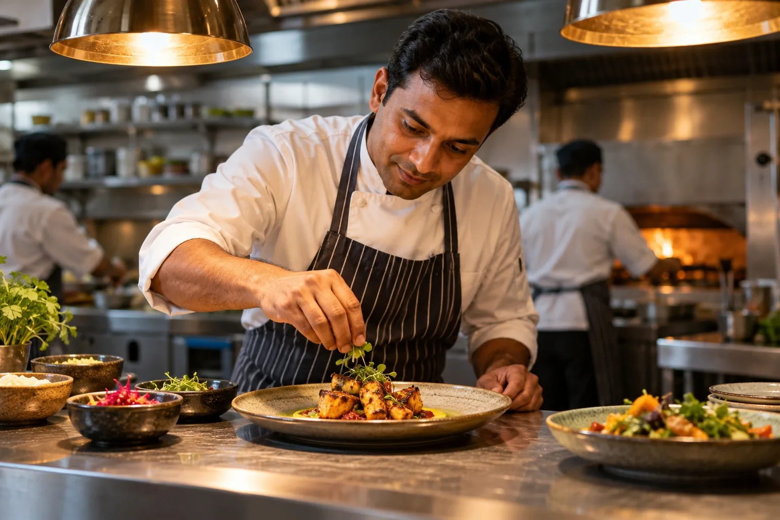 An Indian chef plating a vibrant seasonal meal at the pass of a contemporary restaurant kitchen, crisp apron, warm inviting light and authentic food textures.