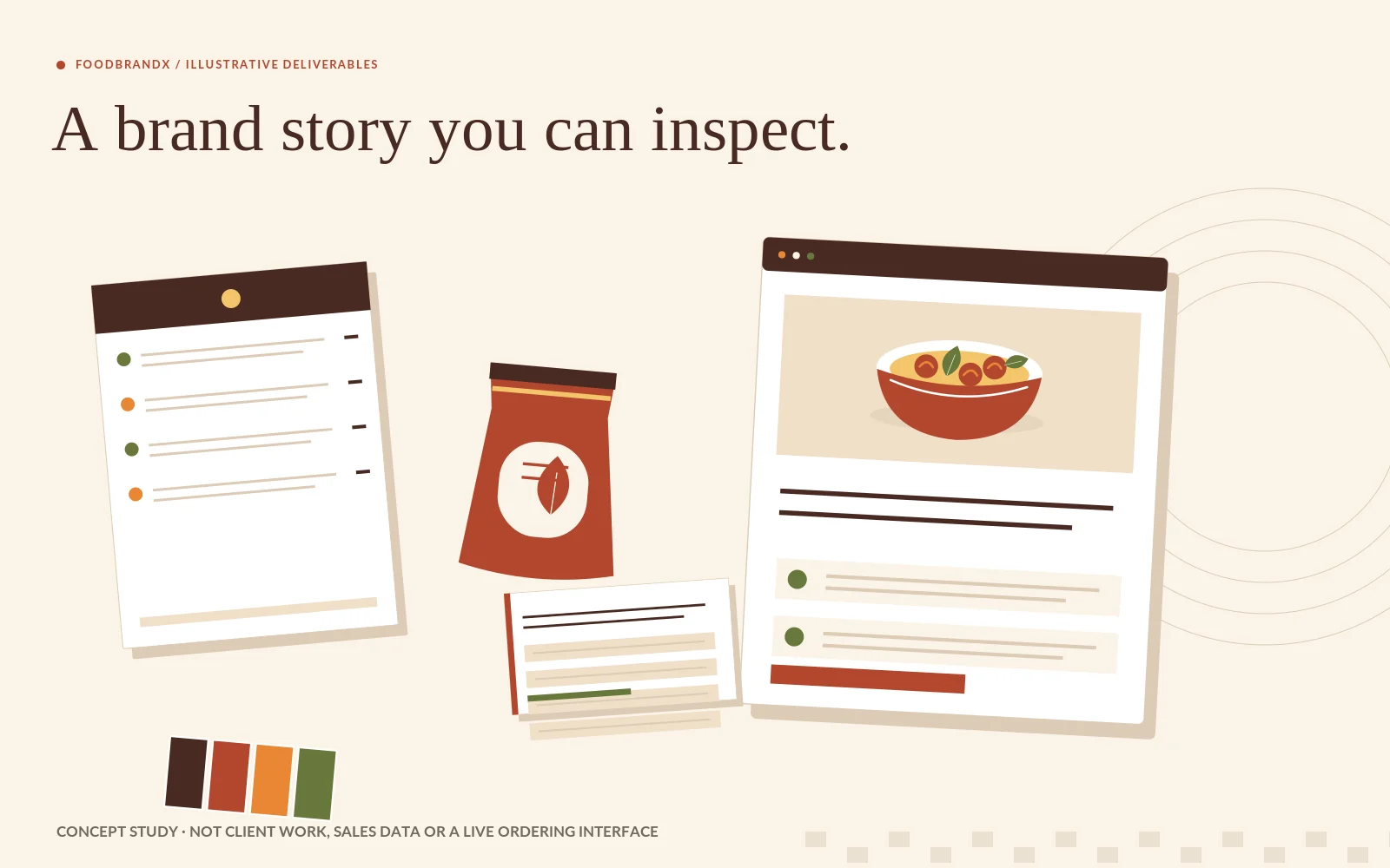 Illustrative deliverables: menu sheet, packaging and brand page — a concept study, not client work